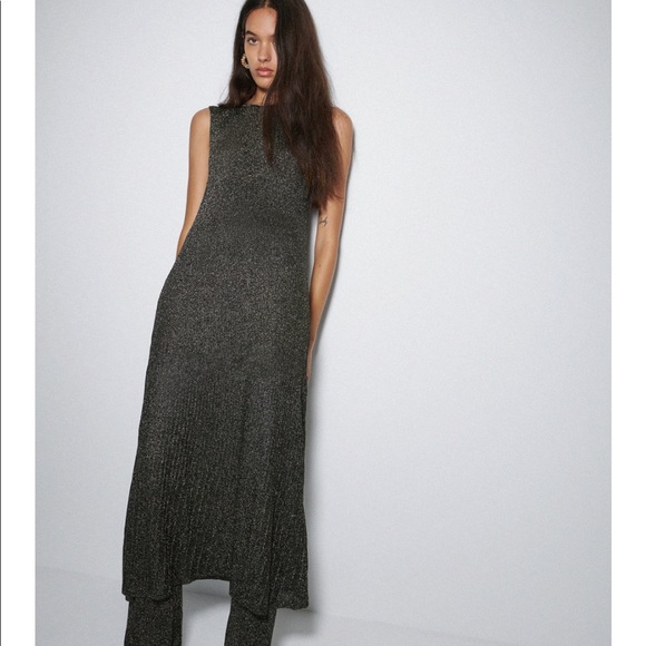 Zara Metallic Thread Knit Pleated Dress 